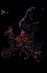 Poster - Digital map of Europe highlighted by illuminated city lights. Abstract design with tech, geographic details. Shows urban areas with glowing points. Modern map design concept. Represents connectivity,