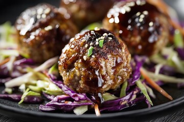 Poster - A close-up shot of meatballs served on a black plate, smothered in savory sauce