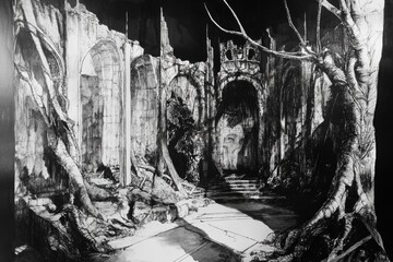 Poster - A black and white photo of a medieval castle surrounded by dense forest