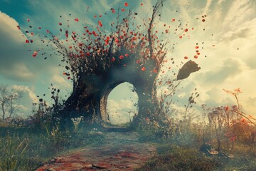 Poster - A tree with bright red flowers blooming on its branches, against a green background