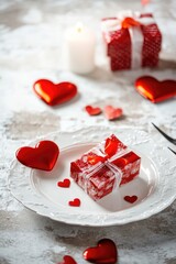 Poster - A gift wrapped in red paper sits beside a lit candle on a white plate