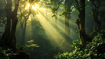 Poster - serene forest scene with sunlight streaming through the trees, creating a picturesque and peaceful atmosphere. The dense foliage and the play of light and shadow give a sense of depth and tranquility.