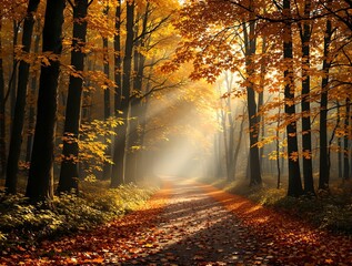 Aufkleber - The image shows a serene autumn scene in a forest. Sunlight filters through the trees, casting a warm glow on the leaf-covered ground and creating a soft mist in the air.