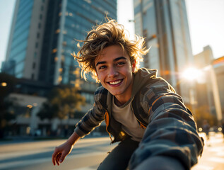 Aufkleber - person taking a selfie in an urban setting with high-rise buildings in the background. The lighting suggests it is either sunrise or sunset.