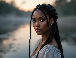 Poster - person with long braided hair, standing near a body of water during sunset. The person is wearing a light-colored top.