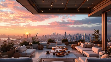 Poster - modern living room with a large window overlooking a city skyline at sunset, featuring a cityscape with buildings and a dramatic sky.