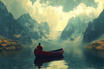 Poster - A person paddling a red canoe on a calm lake, great for outdoor or adventure-themed projects