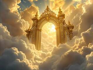 Poster - a golden, ornately designed gateway emerging from a vast sea of fluffy clouds, with the sun shining through the opening, casting a warm glow.