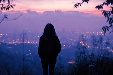 Poster - A person standing on a hill, looking out at the city skyline