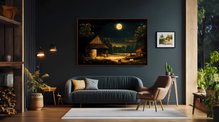 barnyard fantasy canvas print with floating frame. nocturne. illustration