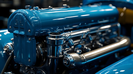 A blue engine with a silver tube coming out of it  -