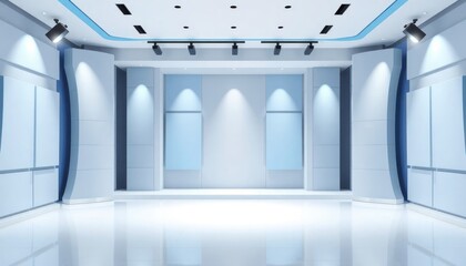 Poster - Empty modern studio backdrop with light blue accents. Clean minimalist style for tv show presentation. Versatile space suitable for various media productions. Professional, corporate feel. Design