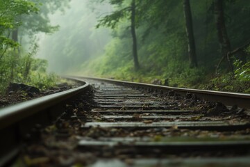 Poster - A train track winding through a dense forest with lush greenery and tall trees