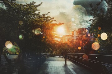Aufkleber - A person walking on a bridge during a beautiful sunset