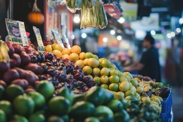 Poster - Colorful display of fresh fruits and vegetables at a market, ideal for health and wellness related uses