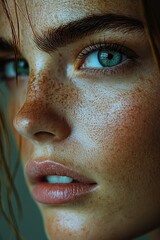 Aufkleber - A close-up portrait of a woman with distinctive freckles on her face
