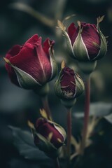 Poster - A cluster of bright red roses in focus, suitable for use on romantic and floral themed designs