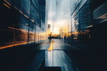 Aufkleber - A blurry photo of a city street during sunset with warm lighting and shadows