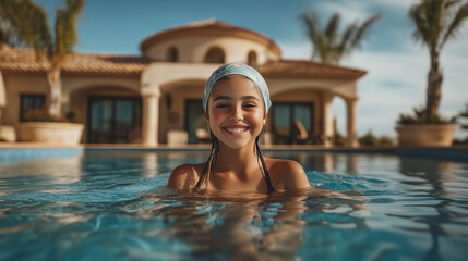 Wall Mural - 7-Year-Old Girl with Swim Cap in Pool by Villa