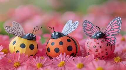 Aufkleber - Three colorful ladybugs sit atop a bed of bright pink flowers, creating a vibrant and playful scene