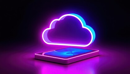 Poster - Neon cloud symbol hovers above glowing tablet. Dark background creates futuristic atmosphere. Tech concept shows data storage online service. Modern design for digital app interface. Trendy