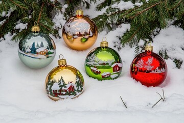 Poster - Group of Christmas ornaments sitting on snowy ground, perfect for winter or holiday-themed designs