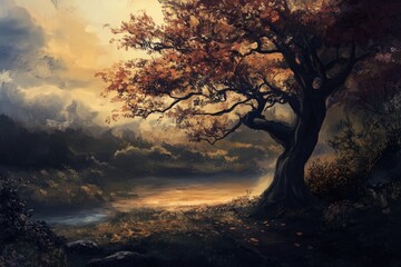 Poster - A single tree stands tall in a vast open field
