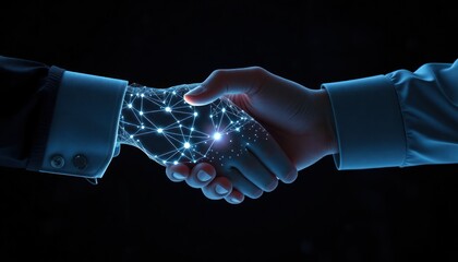 Poster - business people handshake digital tech growth, collaboration. modern tech partnership. futuristic il