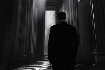 Poster - A professional man stands in a modern hallway, wearing a suit and looking serious
