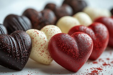 Poster - A row of colorful chocolates with red sprinkles, ideal for use in food or gift related contexts