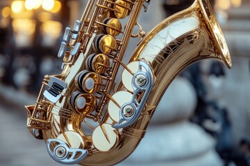 Poster - A shiny gold saxophone with silver keys and details, suitable for music-related illustrations or designs