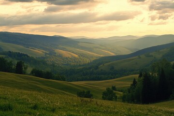 Poster - A serene valley landscape with trees in the foreground, perfect for use in travel or nature-themed projects