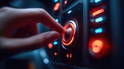 Poster - A close-up shot of a person's hand pressing a button, suitable for use in technology or human-computer interaction illustrations
