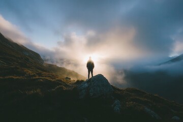 Poster - A person stands at the summit of a mountain with breathtaking scenery in the background