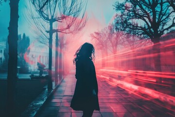 Aufkleber - A woman stands on a sidewalk in the rain, looking up at the sky