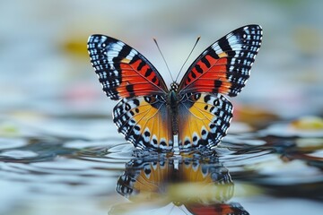 Poster - A butterfly sits peacefully on the calm water surface, surrounded by gentle ripples