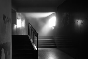 Poster - A dimly lit hallway with stairs leading up, illuminated by a light coming from a window