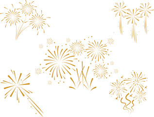 Wall Mural - Set of golden fireworks icon. Festive fireworks with stars and sparks isolated on white background. Vibrant fireworks simple  line icons.