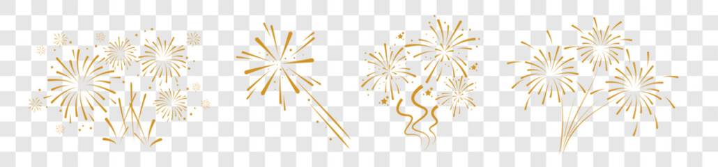 Wall Mural - Set of golden fireworks icon. Festive fireworks with stars and sparks isolated on white background. Vibrant fireworks simple  line icons.