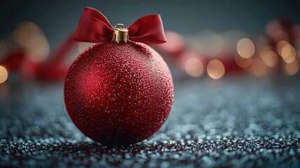 Poster - A bright red Christmas tree decoration with a ribbon tied around it, suitable for festive and seasonal designs