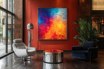 Wall Mural - Elegant modern lounge with vibrant abstract art in luxurious red interior