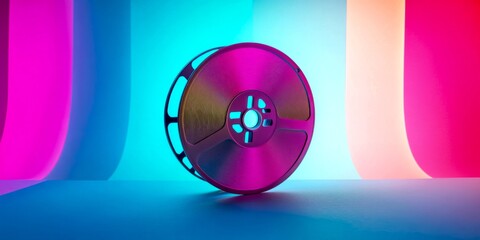 Poster - A vibrant and colorful film reel stands alone against a softly lit background. The modern and artistic style showcases creativity in media and entertainment. A perfect visual for art or tech. AI