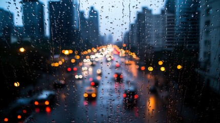 Wall Mural - Cityscape Through Rainy Window with Blurred Lights and Traffic in a Modern Urban Environment During a Gloomy Day