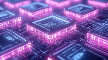 Aufkleber - Neon Circuit Board: Abstract digital art depicting a futuristic circuit board with glowing neon pink and blue microchips, creating a vibrant and technologically advanced aesthetic.