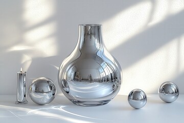 Wall Mural - Minimalist silver home decor: vase, candle, and spheres in sunlit room