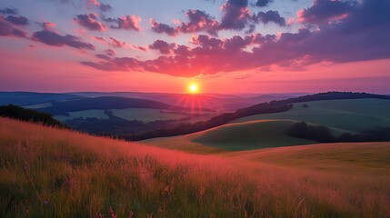 Wall Mural - vibrant sunset over rolling hills and grassy fields.