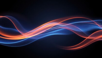 Poster - Abstract design with dynamic flowing lines. Blue, orange light streaks create wave-like pattern on dark background. Modern, futuristic visual. Elegant, vibrant contrast. Suitable for tech, digital