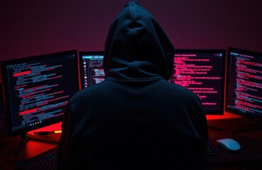 Poster - Hacker in hoodie intensely focuses on multiple computer screens displaying lines of code. Nighttime setting. Dark room with glowing monitors. Cybercrime concept. Anonymous figure. Digital crime.