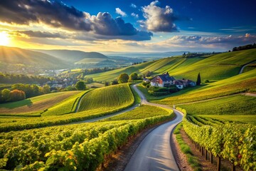  Stunning High-DOF Photography: French Vineyard Road, Route des Vignobles, Wine Country Landscape, Scenic Drive, Rolling Hills, Grape Vines