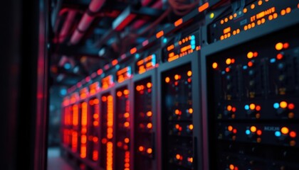 Poster - close-up view of server racks in data center. orange, blue lights illuminate tech infrastructure. mo